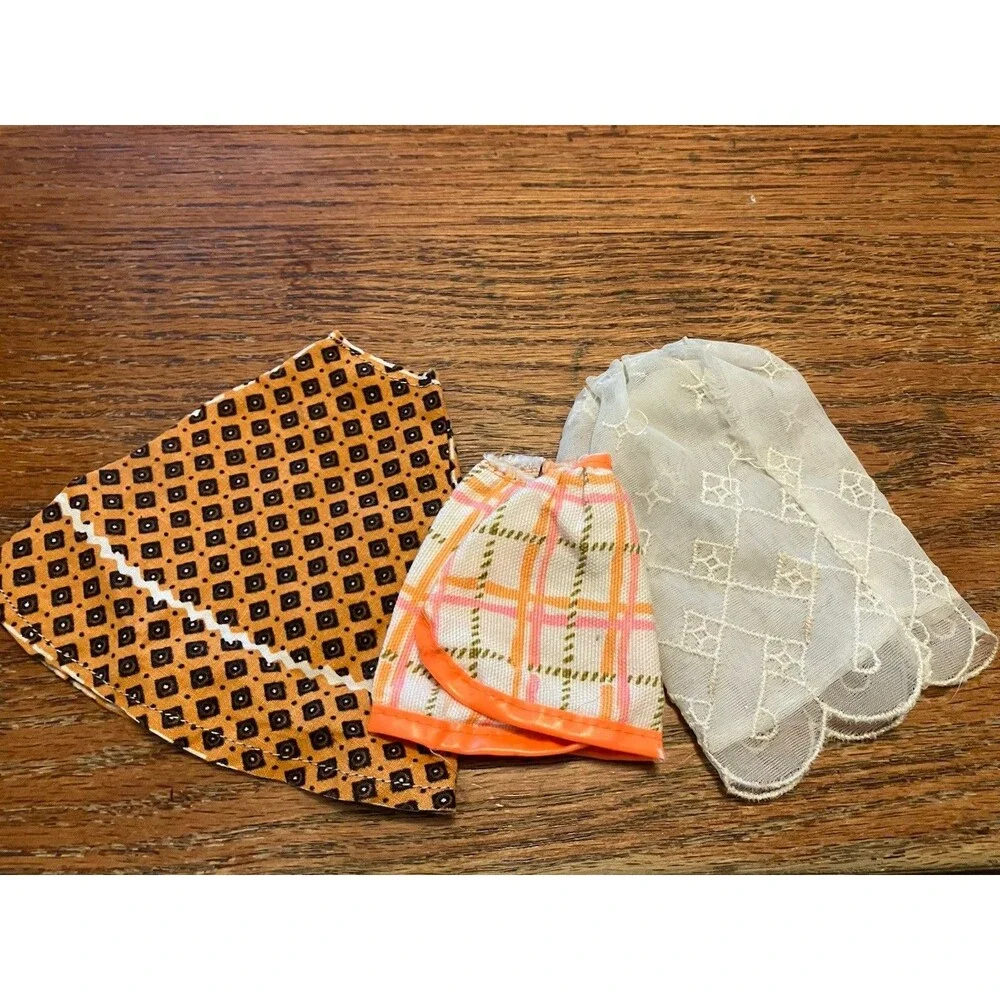 Barbie Doll Vintage Skirts 1960s Lot Of 3 Orange Plaid, Brown, Cream Embroidery